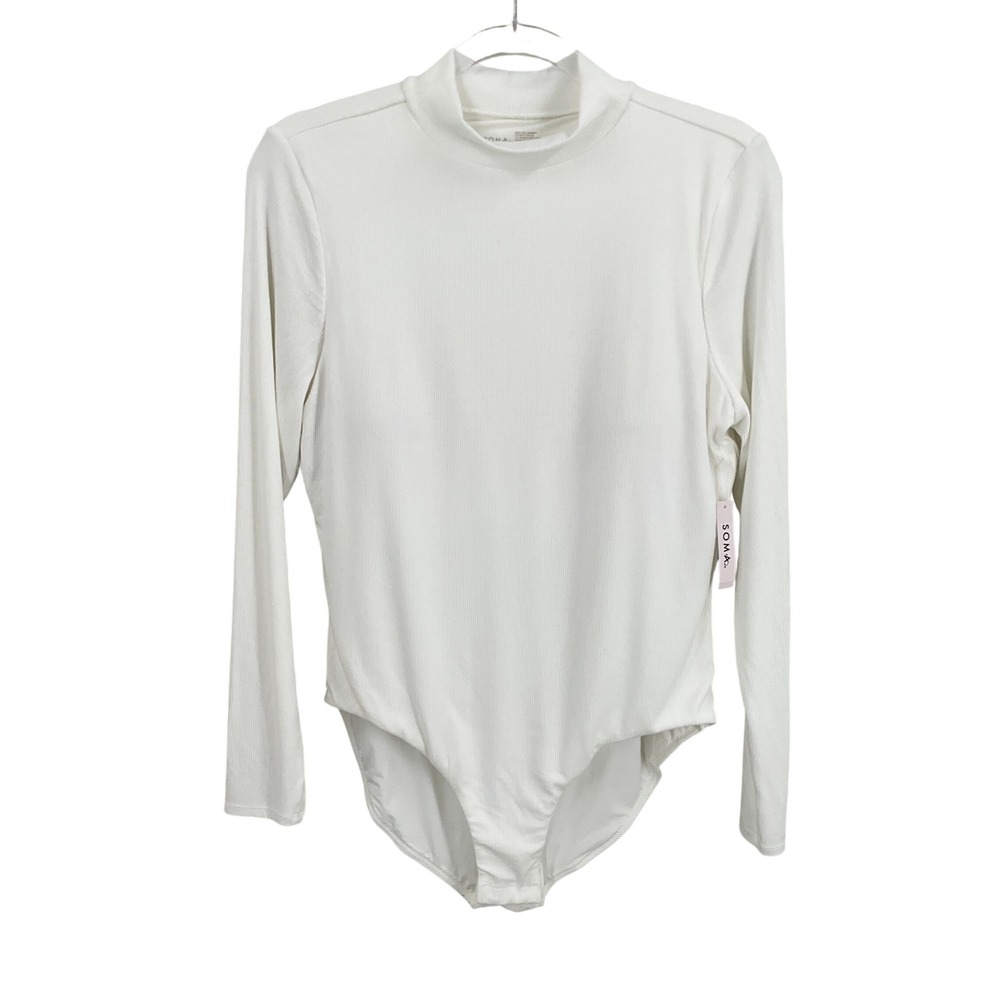 Soma Bodysuit Womens Sz L White Ribbed Mock Neck Bra Long Sleeve Capsule NEW